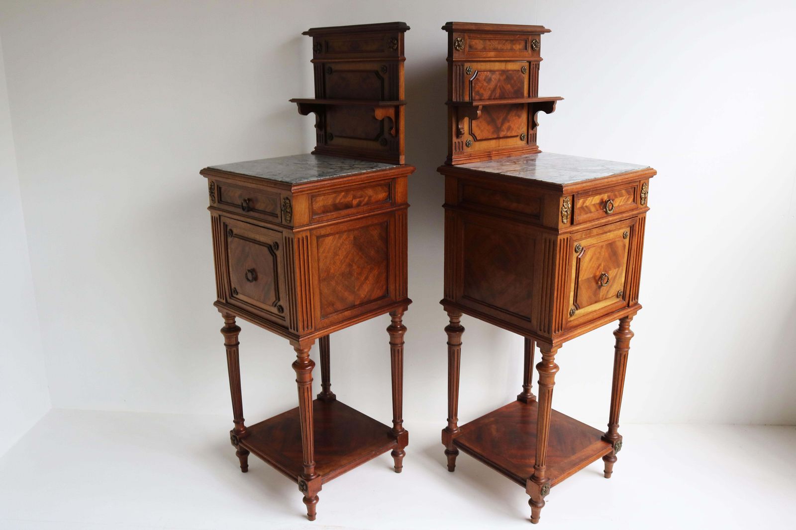Pair Of Antique French 19th Century Night Stands Bedside Walnut Marble Bronze photo Furniture