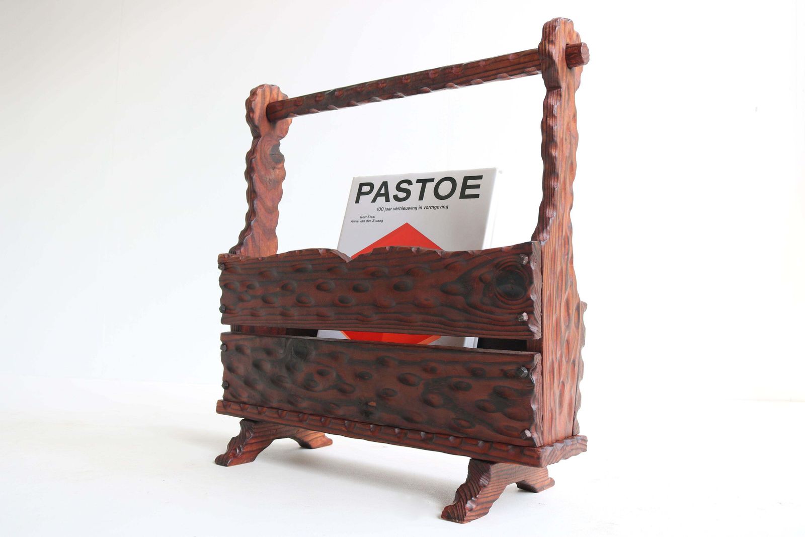 photo furniture Spanish Brutalist Magazin Rack / Book Stand Carved Wood Wrought Iron 1960