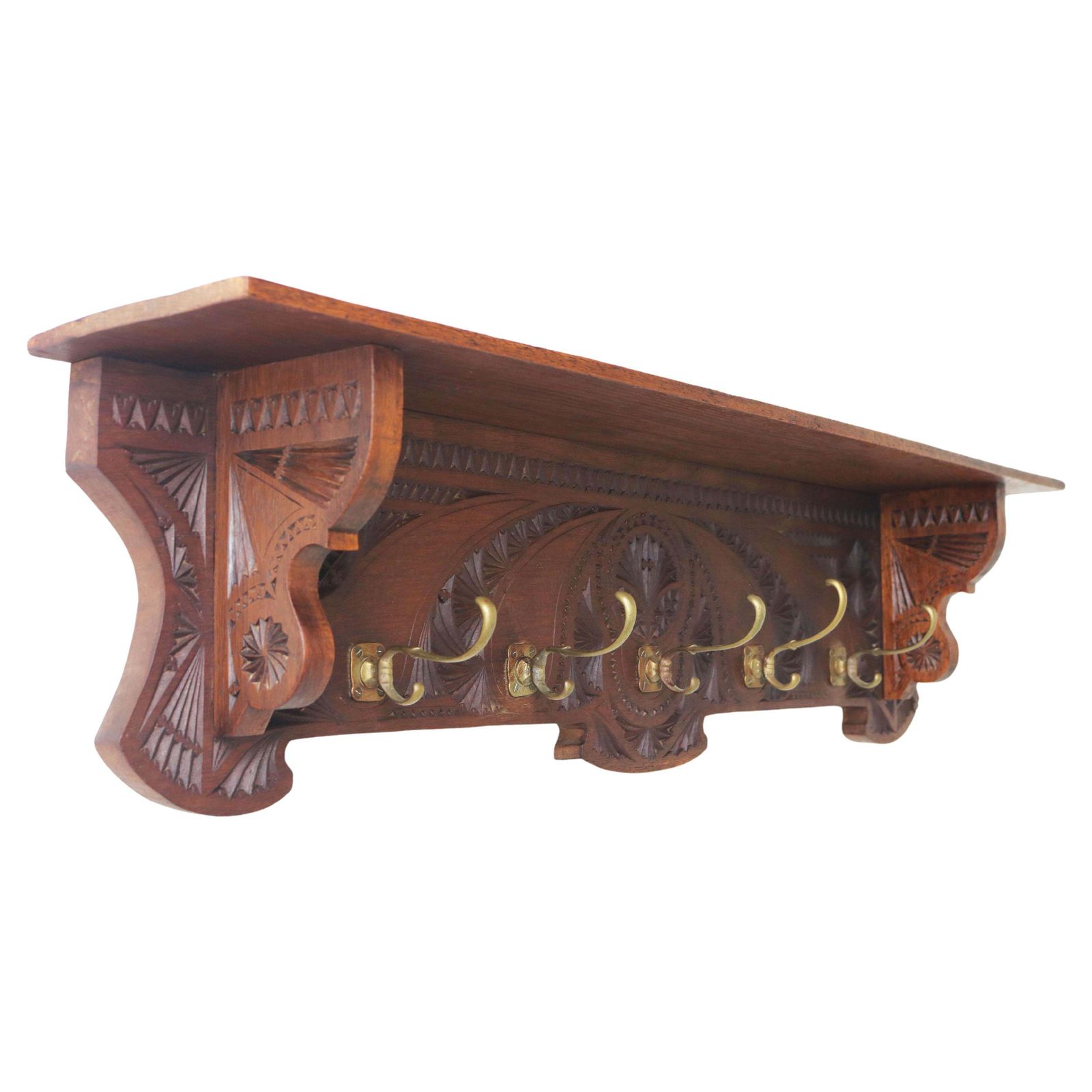1920 Dutch Arts & Crafts Antique Coat Rack / Hat Rack Chip Carved Wood Folk Art