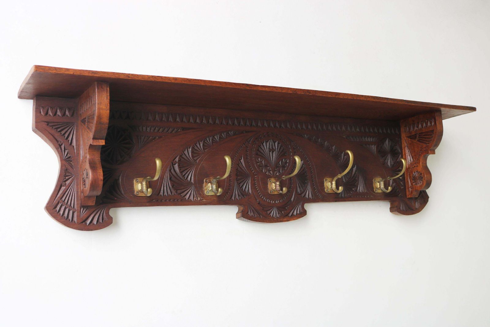 1920 Dutch Arts & Crafts Antique Coat Rack / Hat Rack Chip Carved Wood Folk Art photo furniture