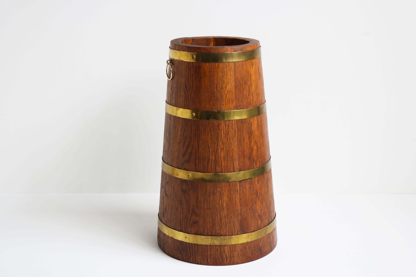 photo for sale Antique Long Barrel Umbrella Stand Solid Oak Brass English 1900s Hallway Sticks