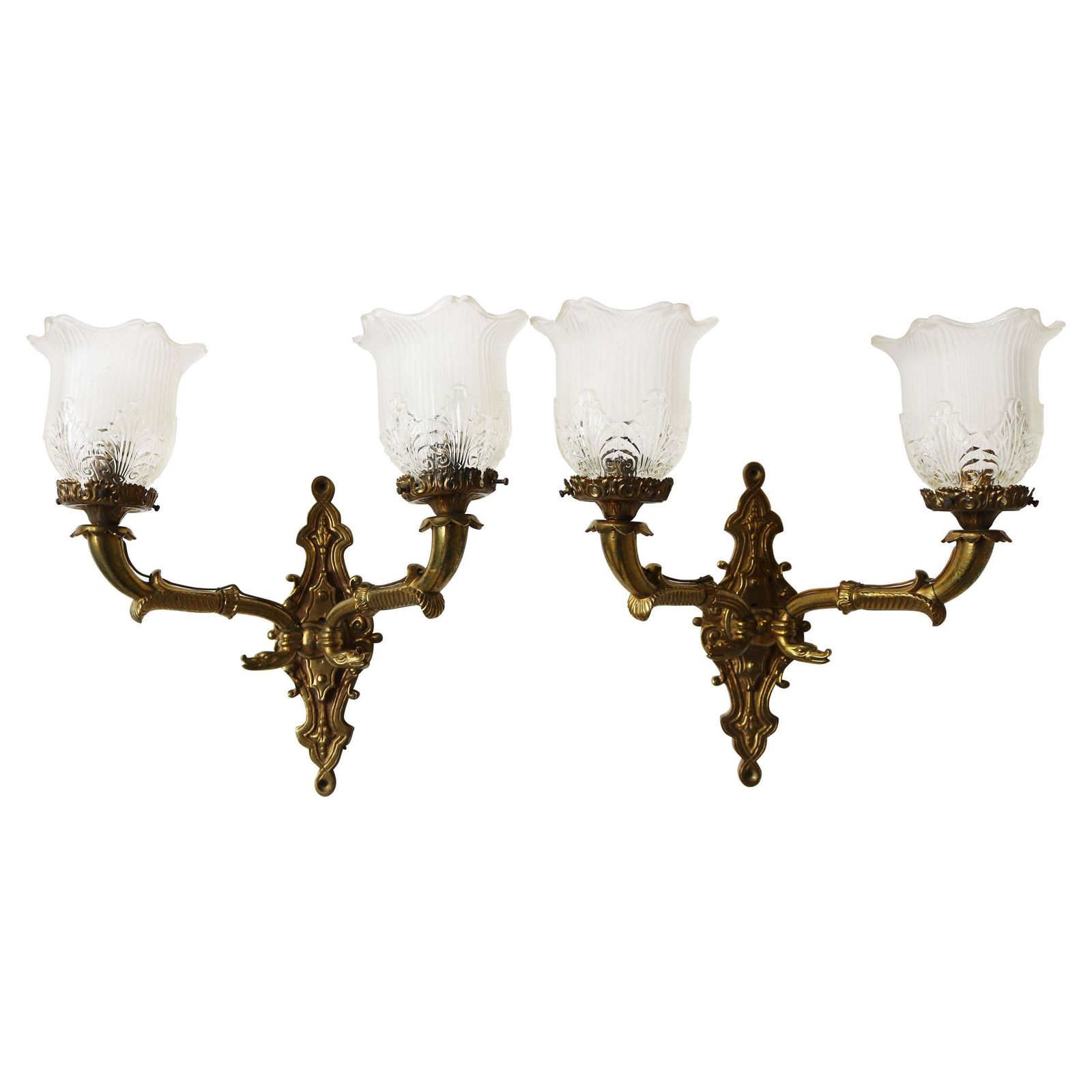 Pair Of Brass Empire 19th Century Wall Lights With Serpent Heads Sconces Glass