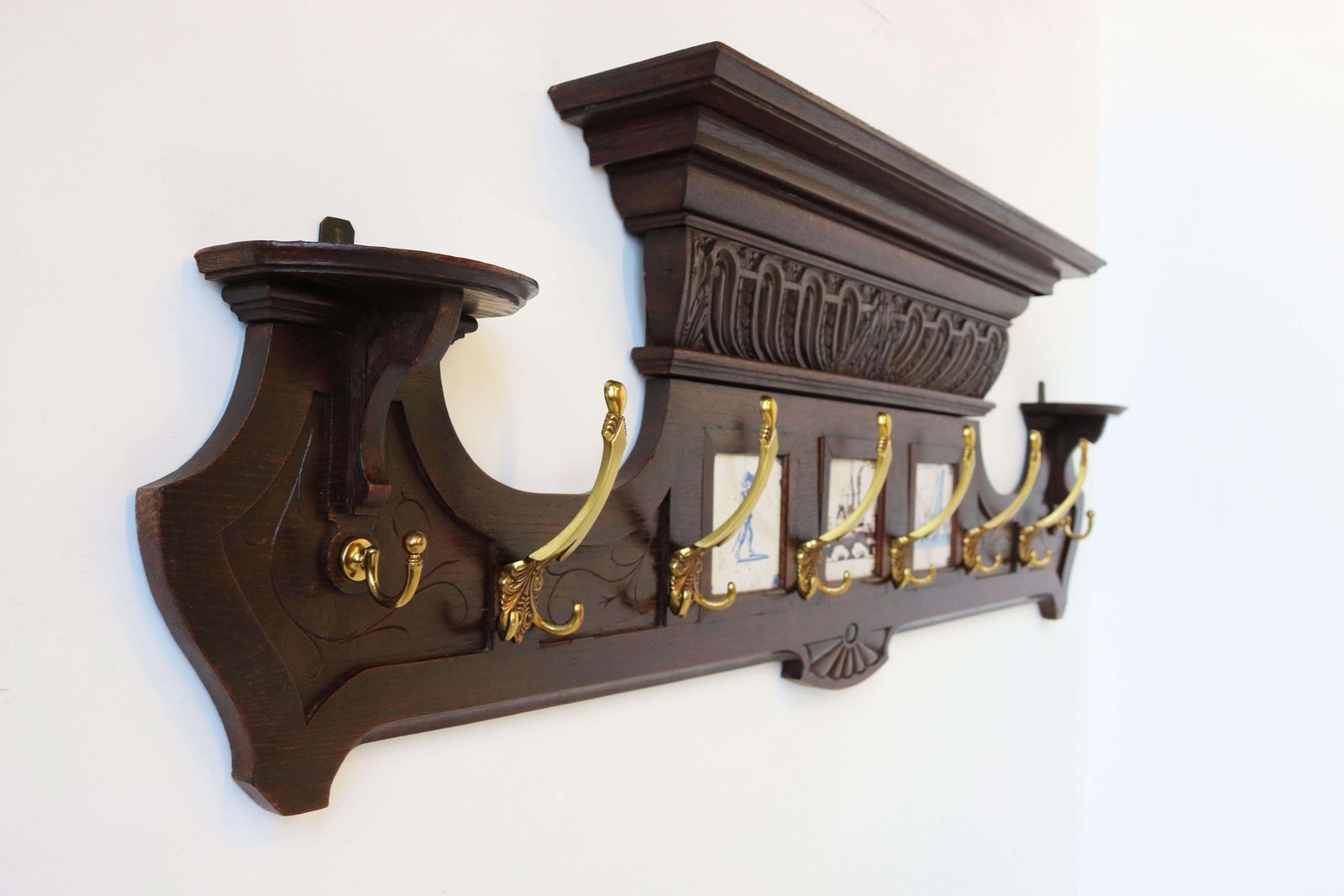 Antique Dutch Renaissance Revival Coat Rack 19th Century Delft Blue Tiles Brass photo furniture