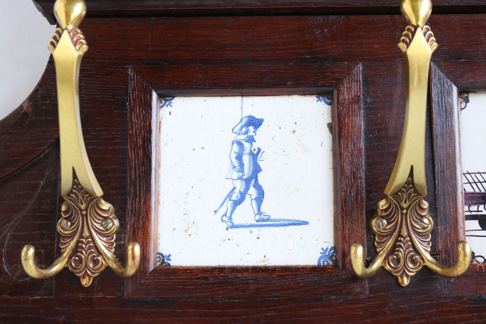 Antique Dutch Renaissance Revival Coat Rack 19th Century Delft Blue Tiles Brass photo for sale