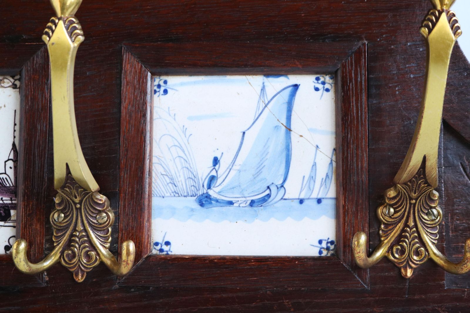 Antique Dutch Renaissance Revival Coat Rack 19th Century Delft Blue Tiles Brass photo 1957.0