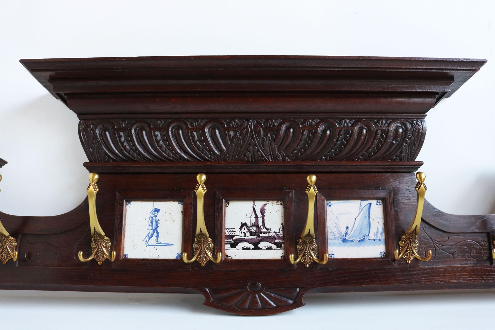 Antique Dutch Renaissance Revival Coat Rack 19th Century Delft Blue Tiles Brass photo vinterior