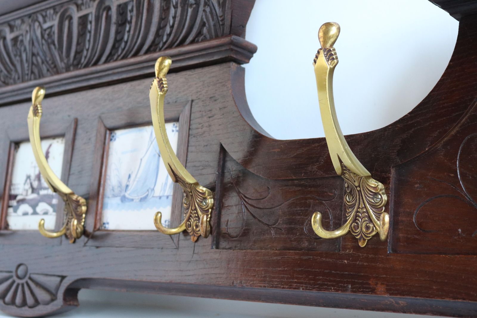 Furniture Antique Dutch Renaissance Revival Coat Rack 19th Century Delft Blue Tiles Brass photo