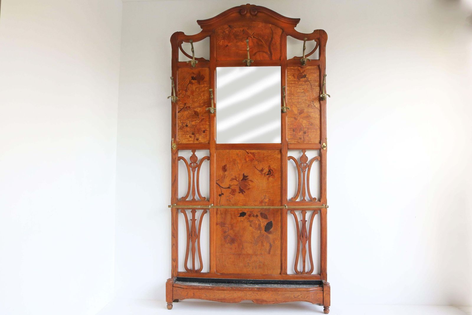 photo vintage French Art Nouveau Hall Tree / Coat Rack By Emile Galle 1905 Marquetry Hallway