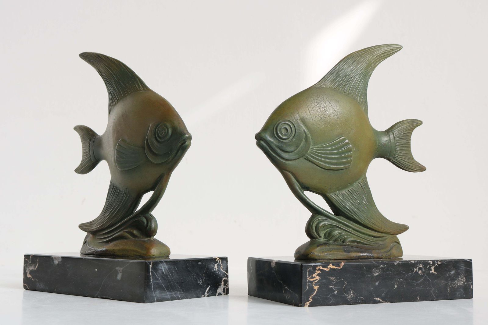 photo for sale Antique French Art Deco Bookends Angelfish 1930 Black Marble Spelter Moonfish