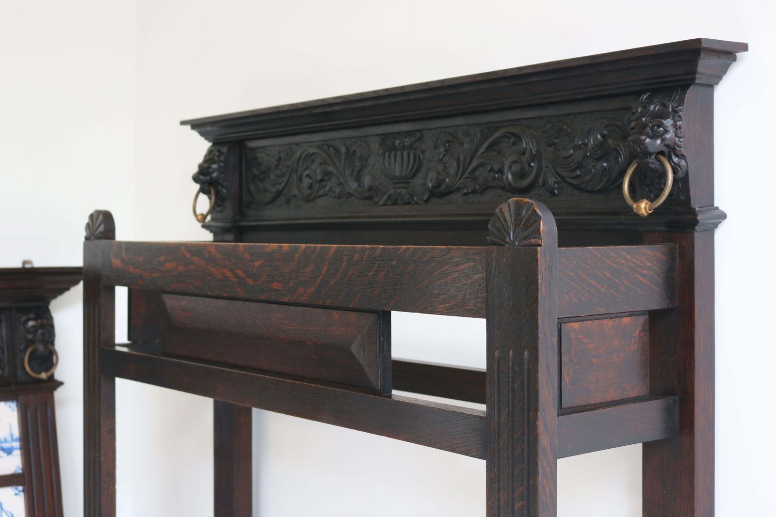 Dutch Renaissance Hallway Set Coat Rack & Umbrella Stand 1880 Lions Delft Blue photo for sale