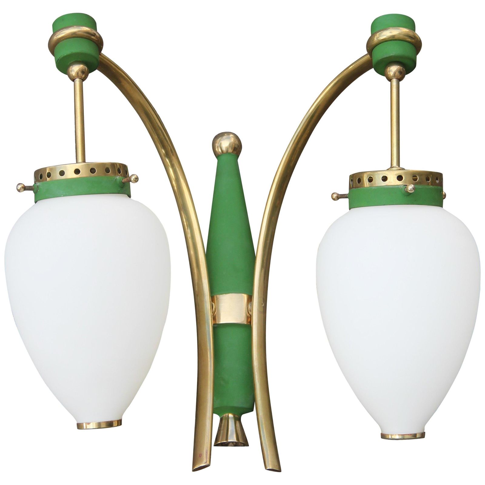 Stilnovo Midcentury White Glass Green And Golden Brass Italian Sconces, 1950s