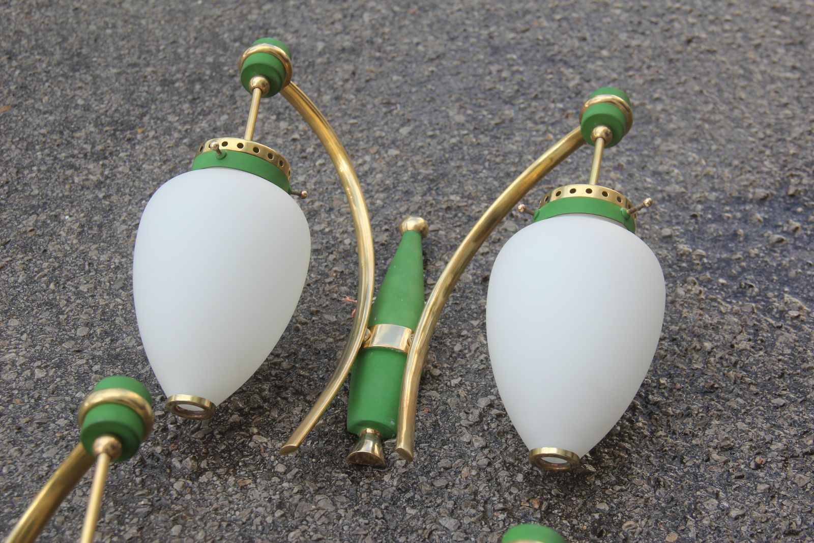 900.0 Stilnovo Midcentury White Glass Green And Golden Brass Italian Sconces, 1950s photo