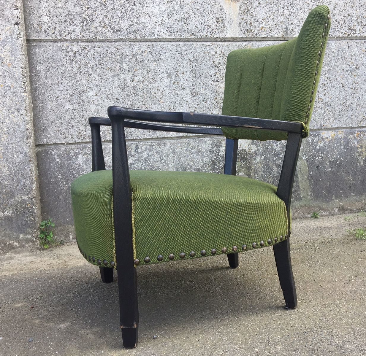 Danish Black Wooden And Green Wool Curved Easy Chair, 1940s photo 1254.0