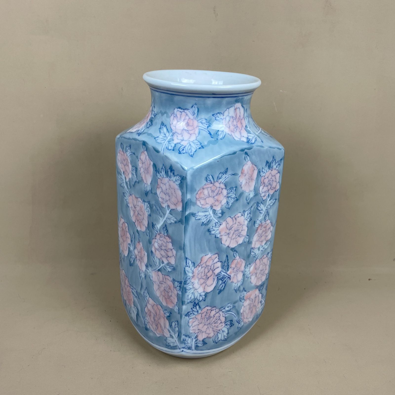 Oriental Chinese Vase Decorative Ceramic Pot Antique Asian Hand Painted Blue Pink Prunus Pattern Floral Square Planter Plant Patterned