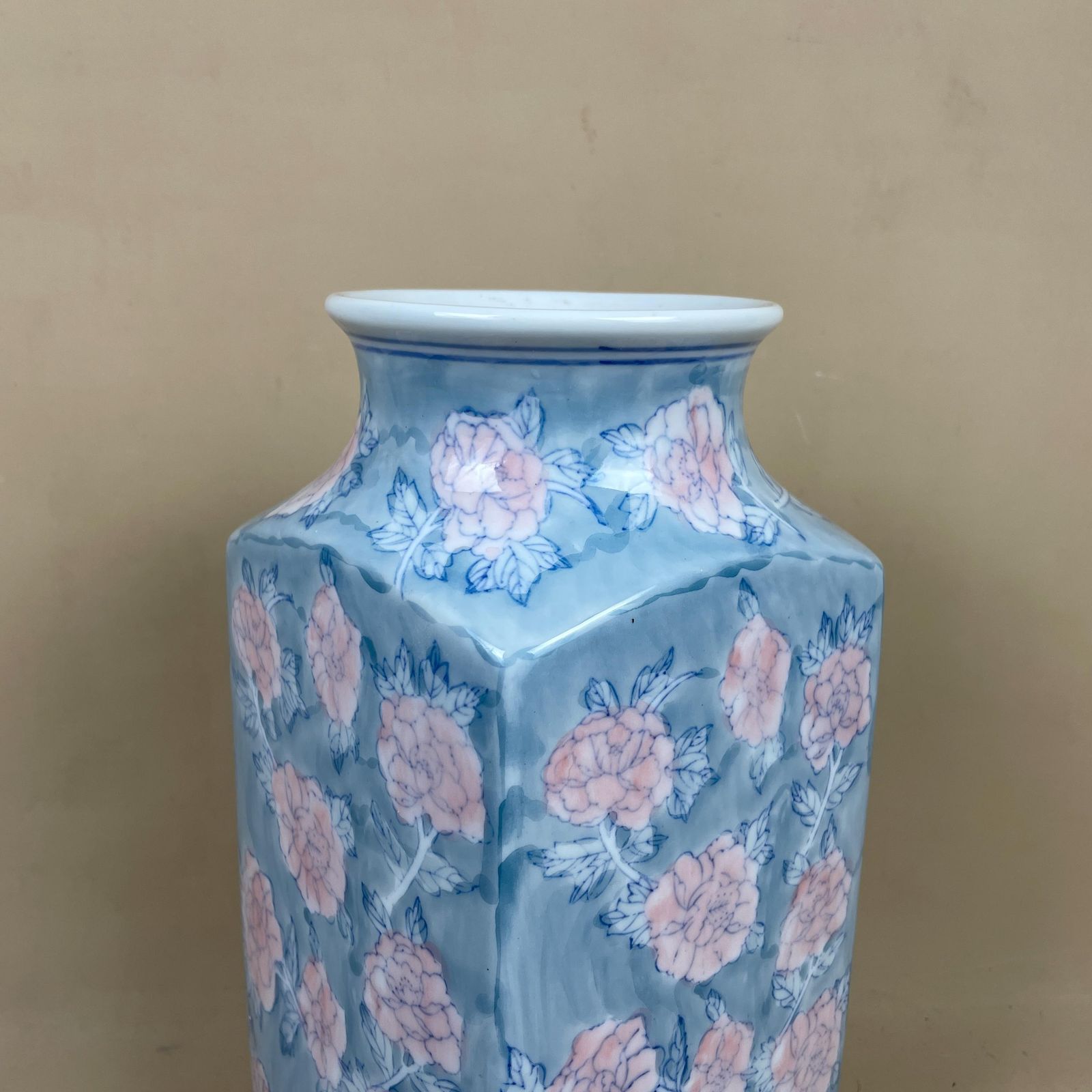 Oriental Chinese Vase Decorative Ceramic Pot Antique Asian Hand Painted Blue Pink Prunus Pattern Floral Square Planter Plant Patterned photo for sale