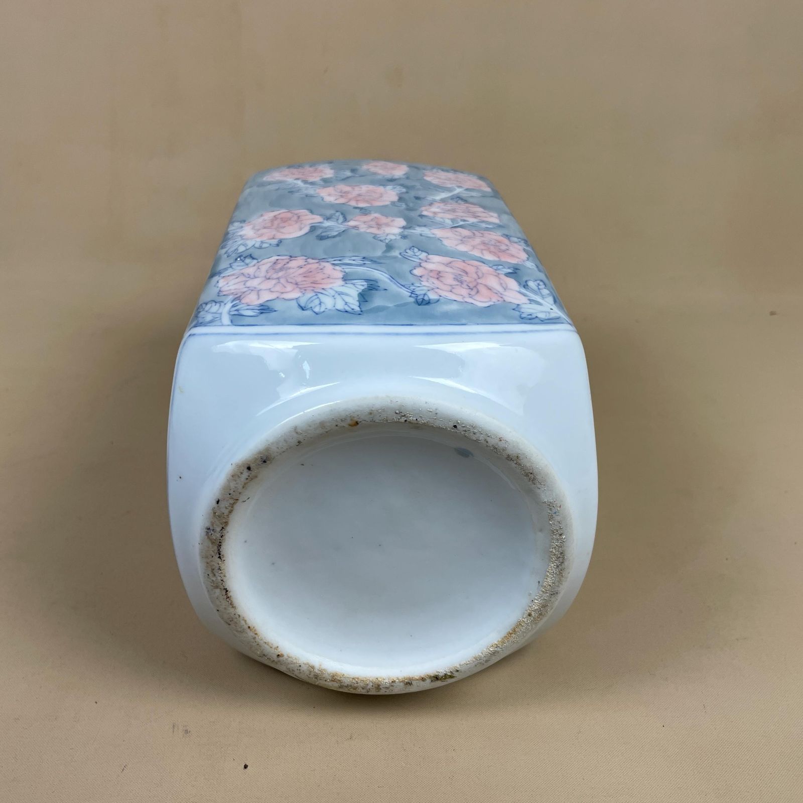 Oriental Chinese Vase Decorative Ceramic Pot Antique Asian Hand Painted Blue Pink Prunus Pattern Floral Square Planter Plant Patterned photo vinterior