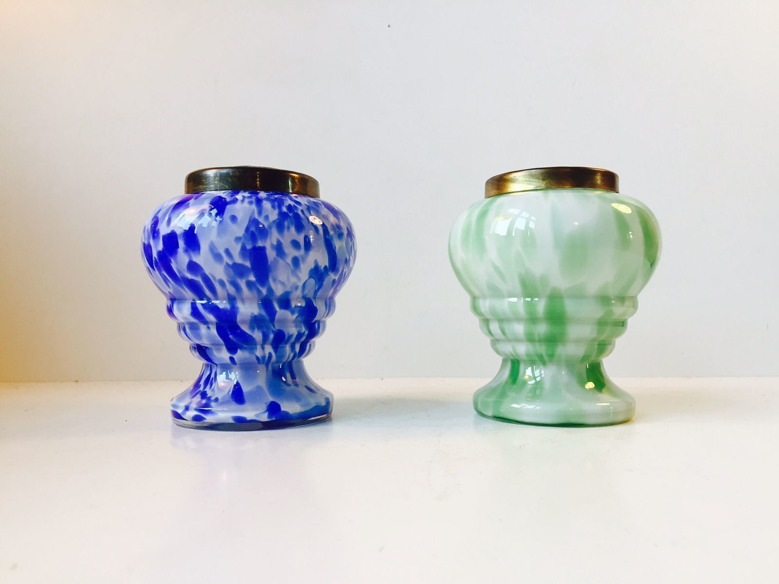 Czech Art Glass Vases With Brass Wire Mesh By Ruckl, Set Of 2 photo furniture