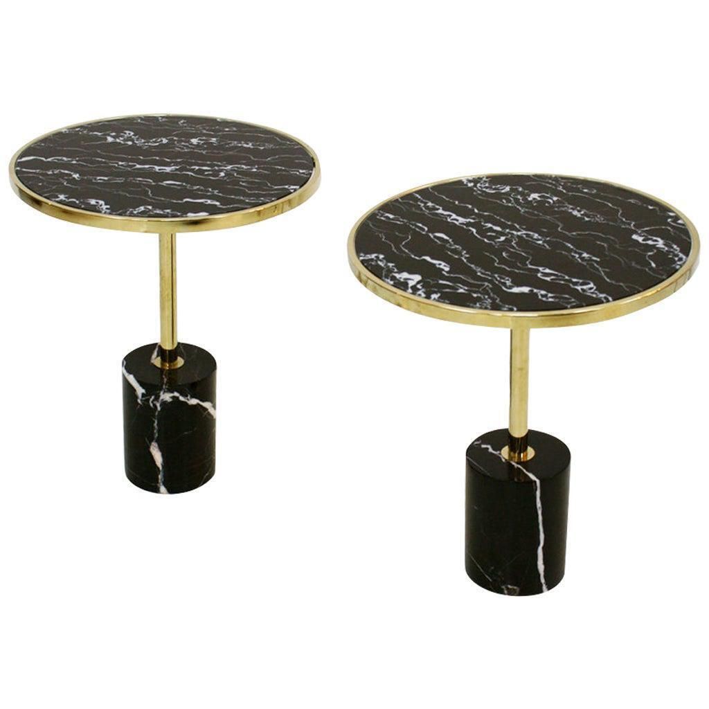 Pair Of Contemporary Marquina Marble, Glass, Brass Side Italian Tables