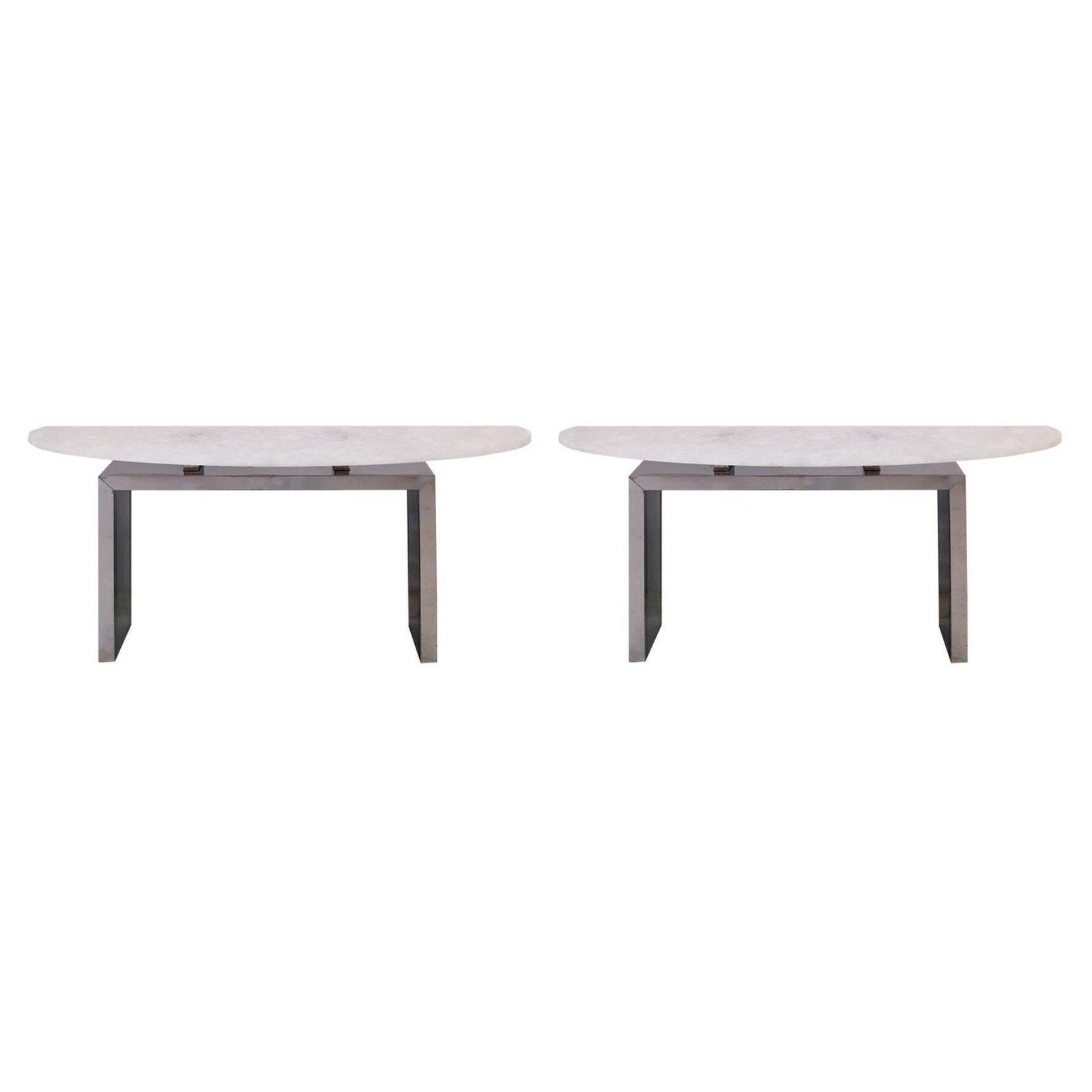 Contemporary Pair Of Demilune Consoles Made Of White Quartz & Steel