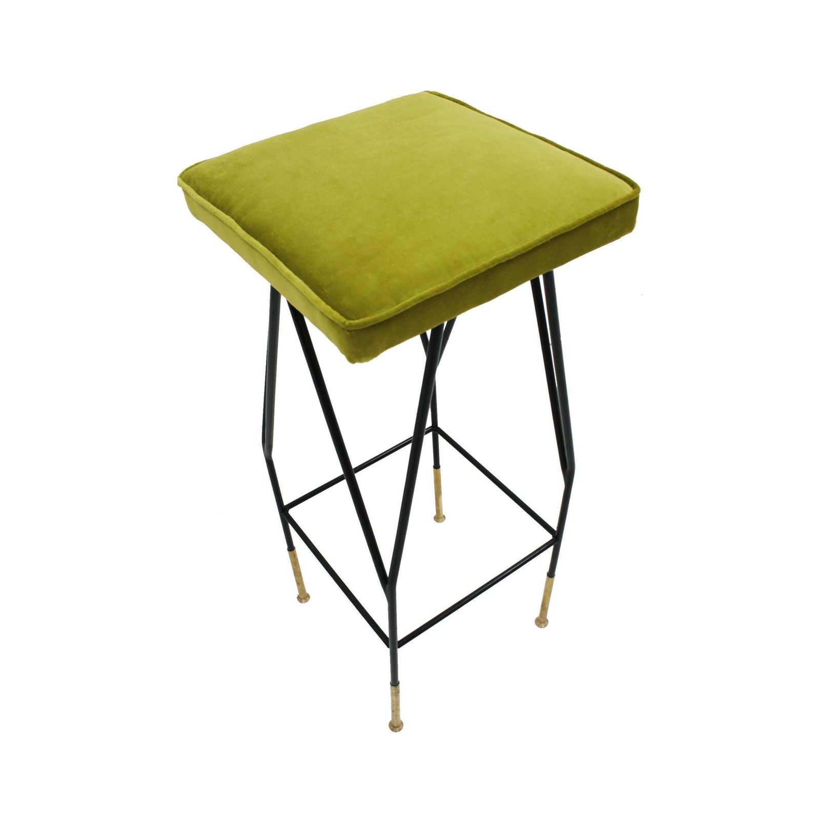 Italian Mid Century Modern Square Black Lacquered Iron Lime Cotton Velvet Stool photo for sale