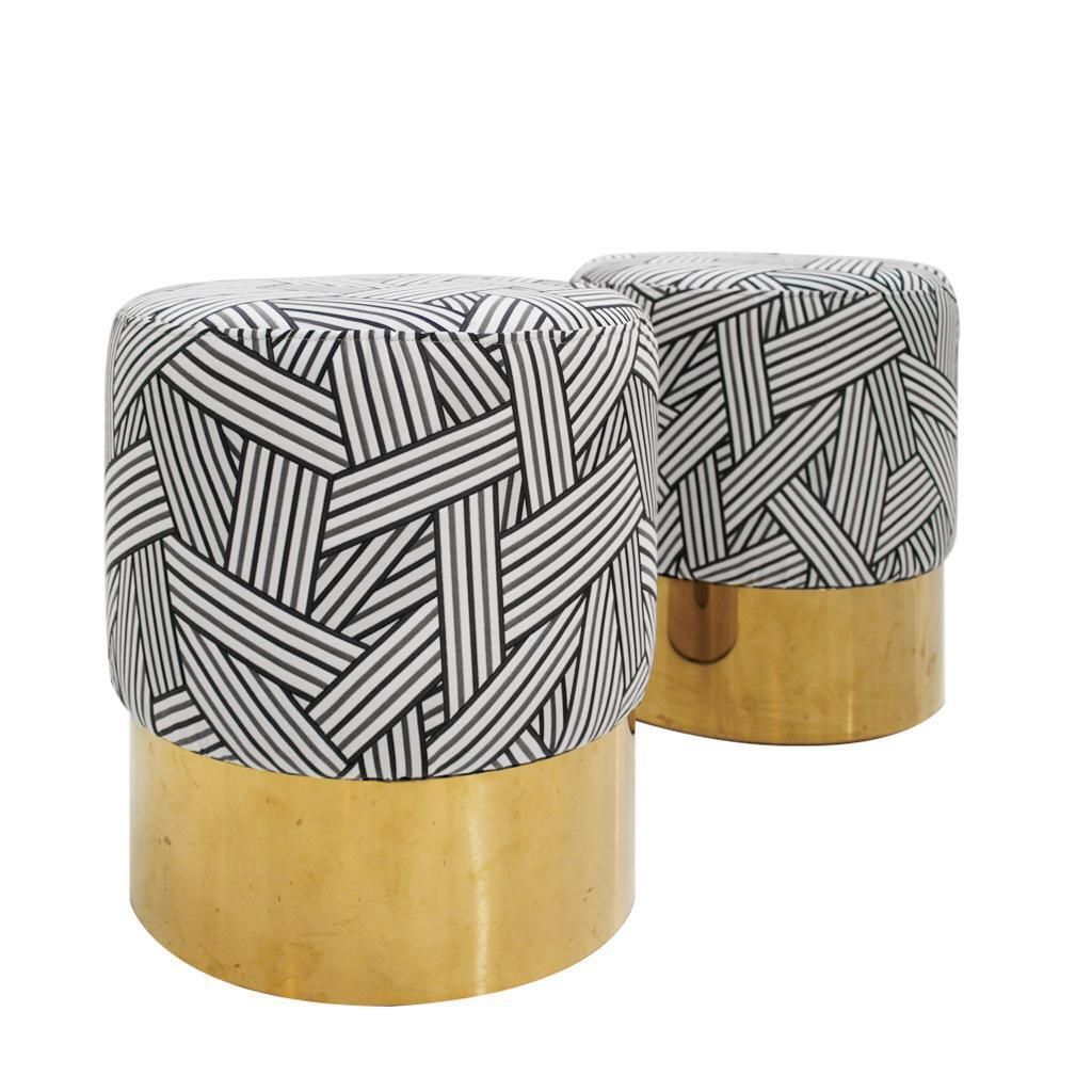 Contemporary Circular Cotton Jacquard And Brass Pair Of Italian Poufs photo for sale