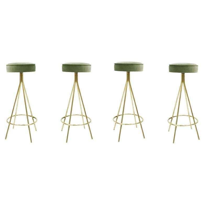 Midcentury Style Circular Brass And Cotton Velvet Italian Bar Stools