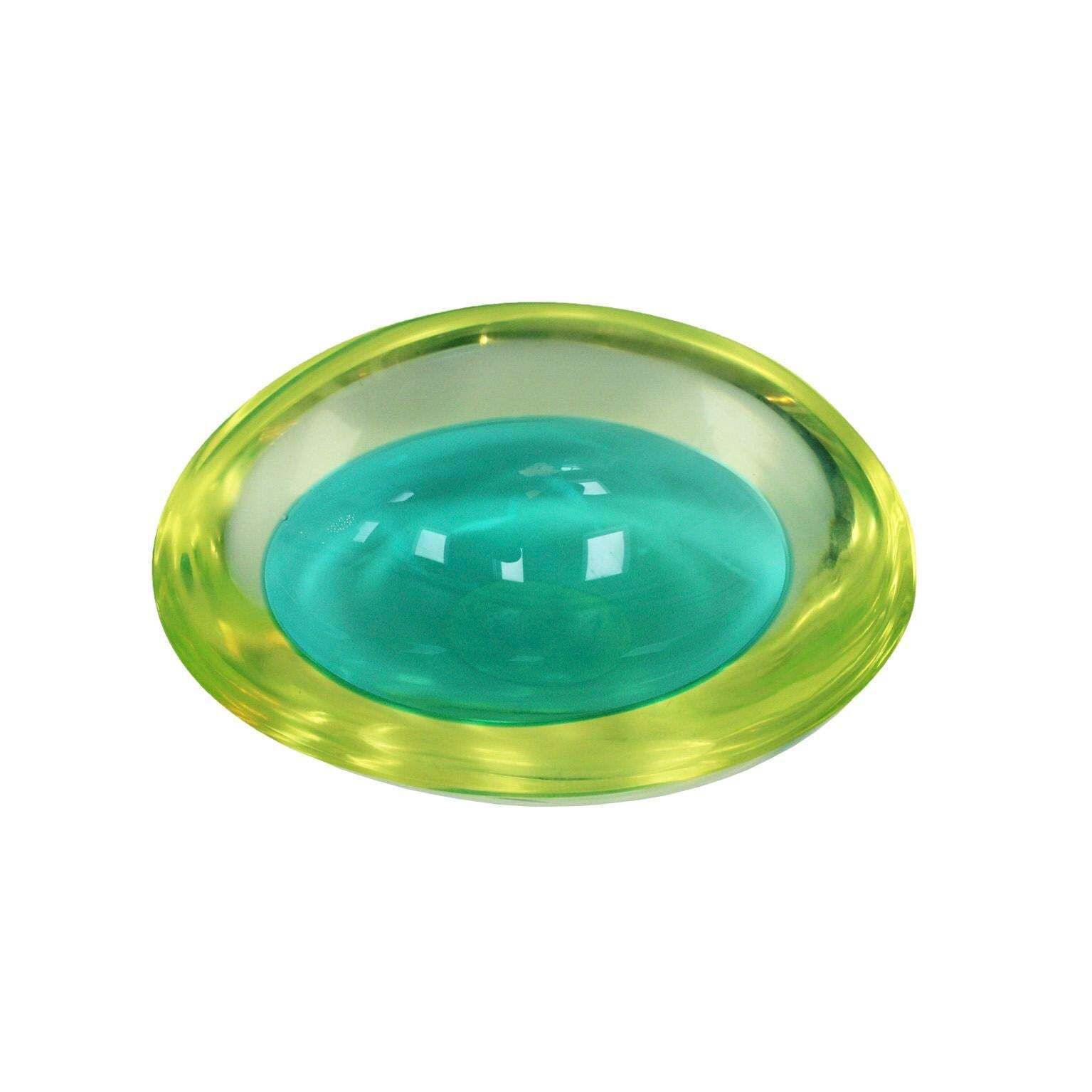 Midcentury Turquoise And Yellow Sommerso Murano Glass Bowl By Flavio Poli 1950 photo for sale
