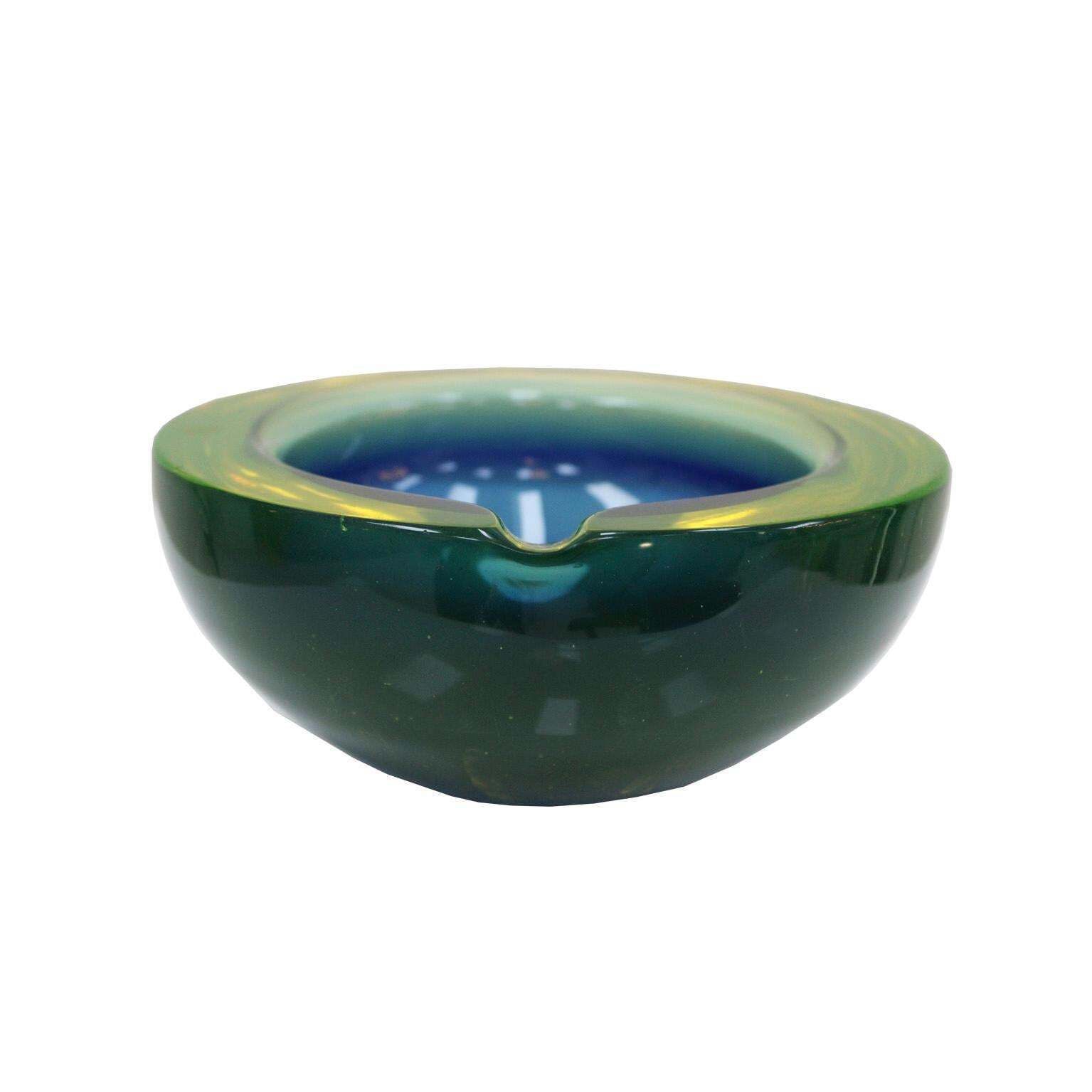 Mid Century Modern Blue/Yellow Sommerso Murano Glass Ashtray By Flavio Poli 1950 photo for sale