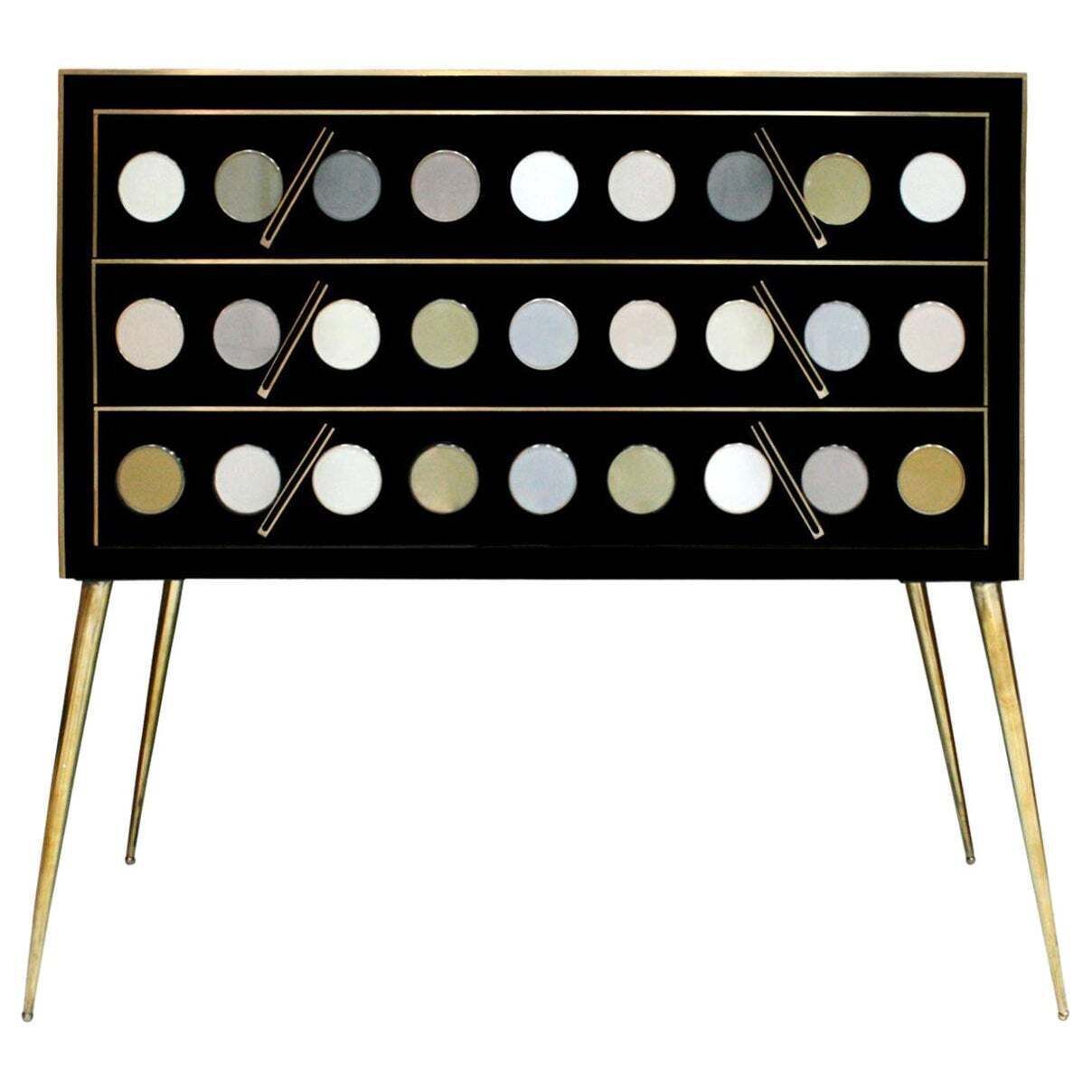 Mid Century Modern Style Solid Wood Murano Glass And Brass Italian Commode
