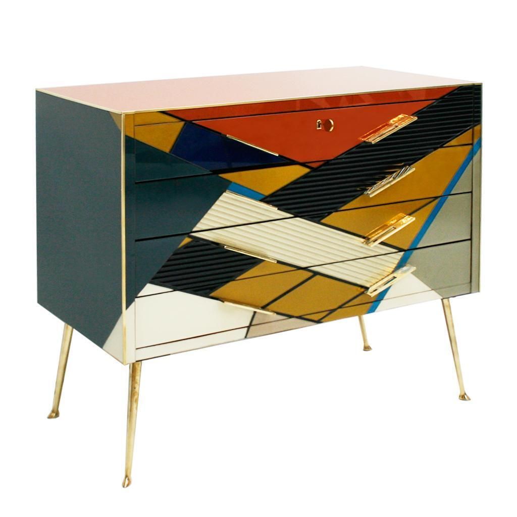 Mid Century Modern Style Murano Colored Glass And Brass Italian Commode photo for sale