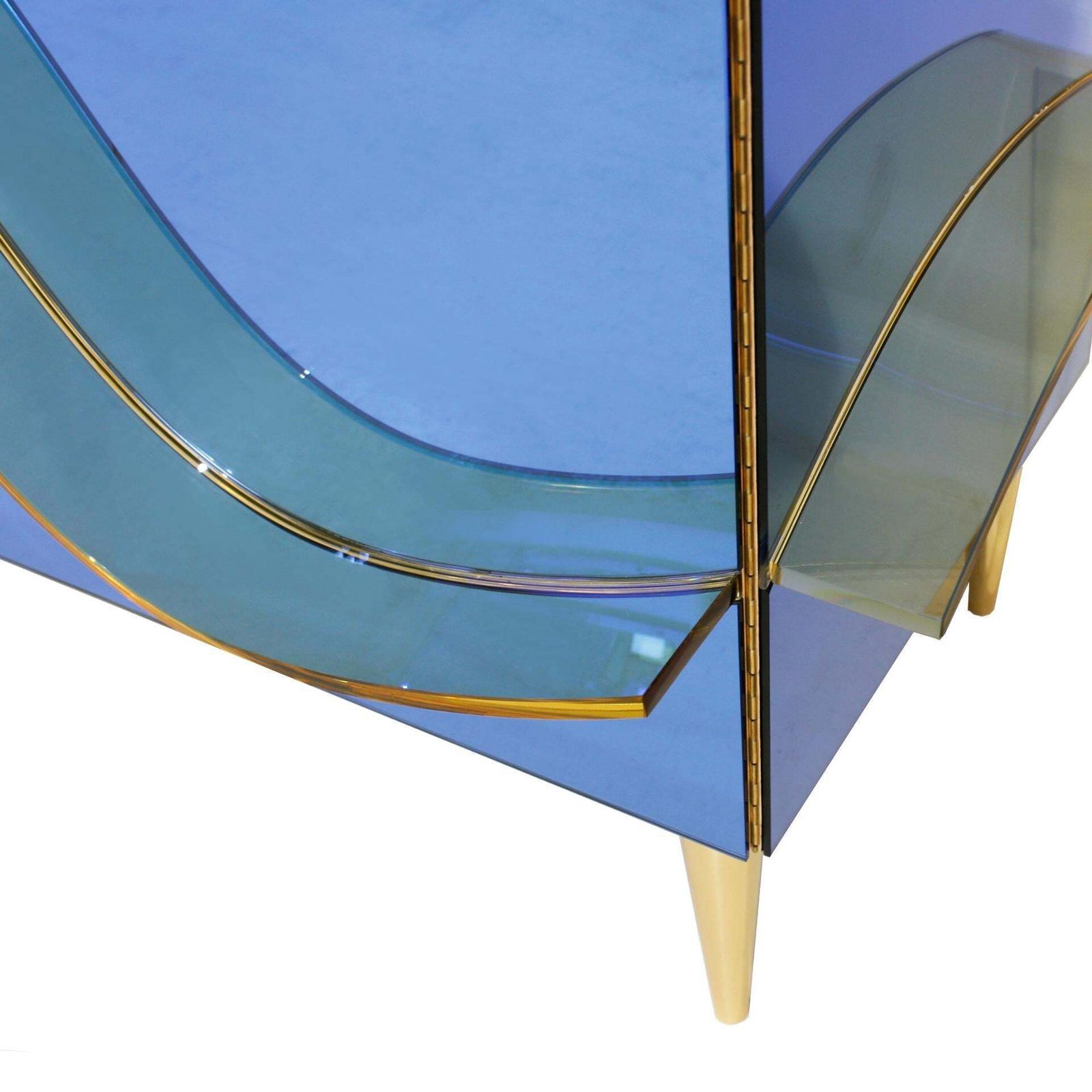 Contemporary Blue Murano Glass Mirror And Brass Pair Of Italian Cabinets photo buy