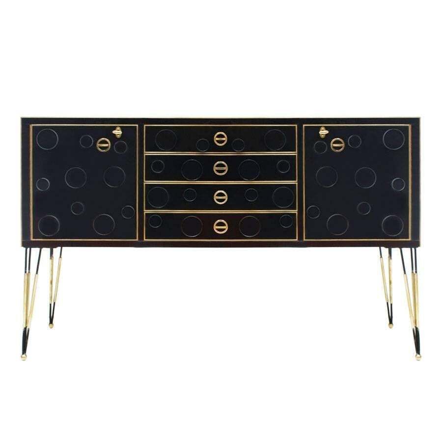 Mid Century Modern Style Made Of Wood, Dark Glass And Brass Italian Sideboard photo furniture