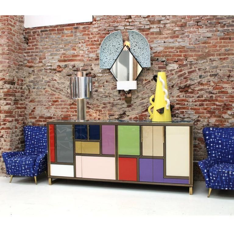 Mid Century Modern Style Wood Colored Glass And Brass Italian Sideboard photo vinterior