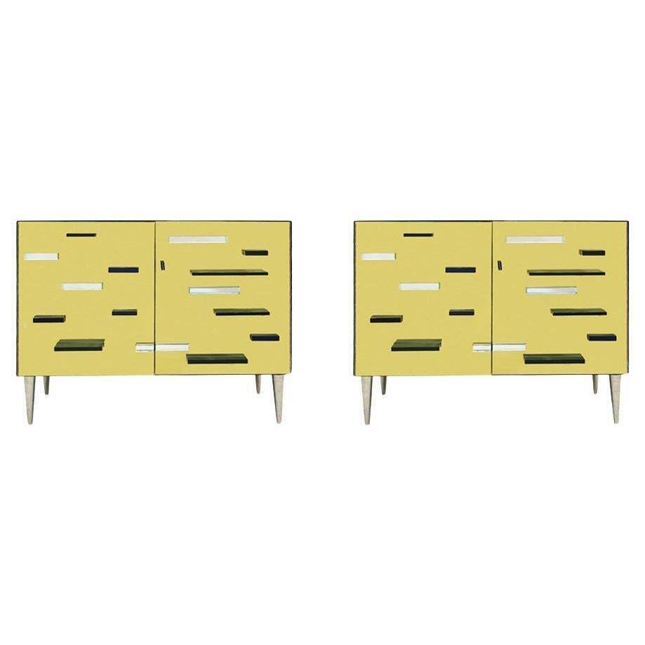 Italian Cabinets Made Of Golden Murano Glass Mirror And Brass, Contemporary