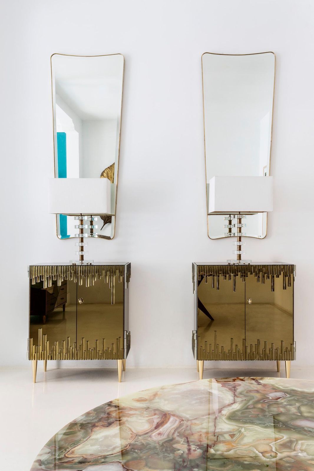 Furniture Mid Century Modern Style Glass And Golden Mirror Pair Of Italian Sideboards photo