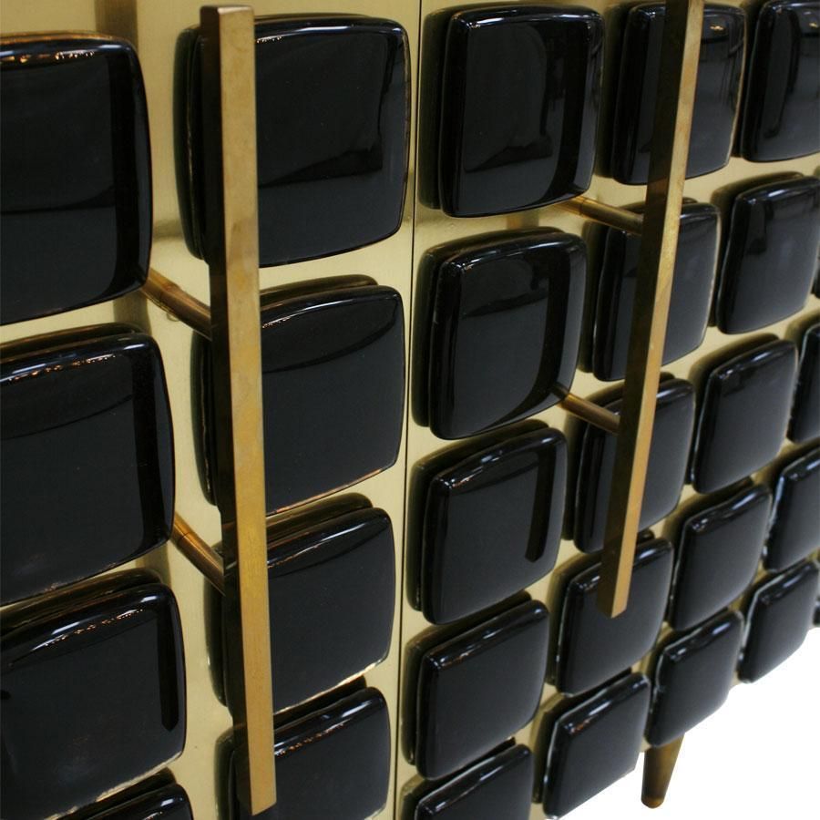 Mid Century Modern Style Brass And Black Glass Pair Of Italian Sideboards photo vinterior