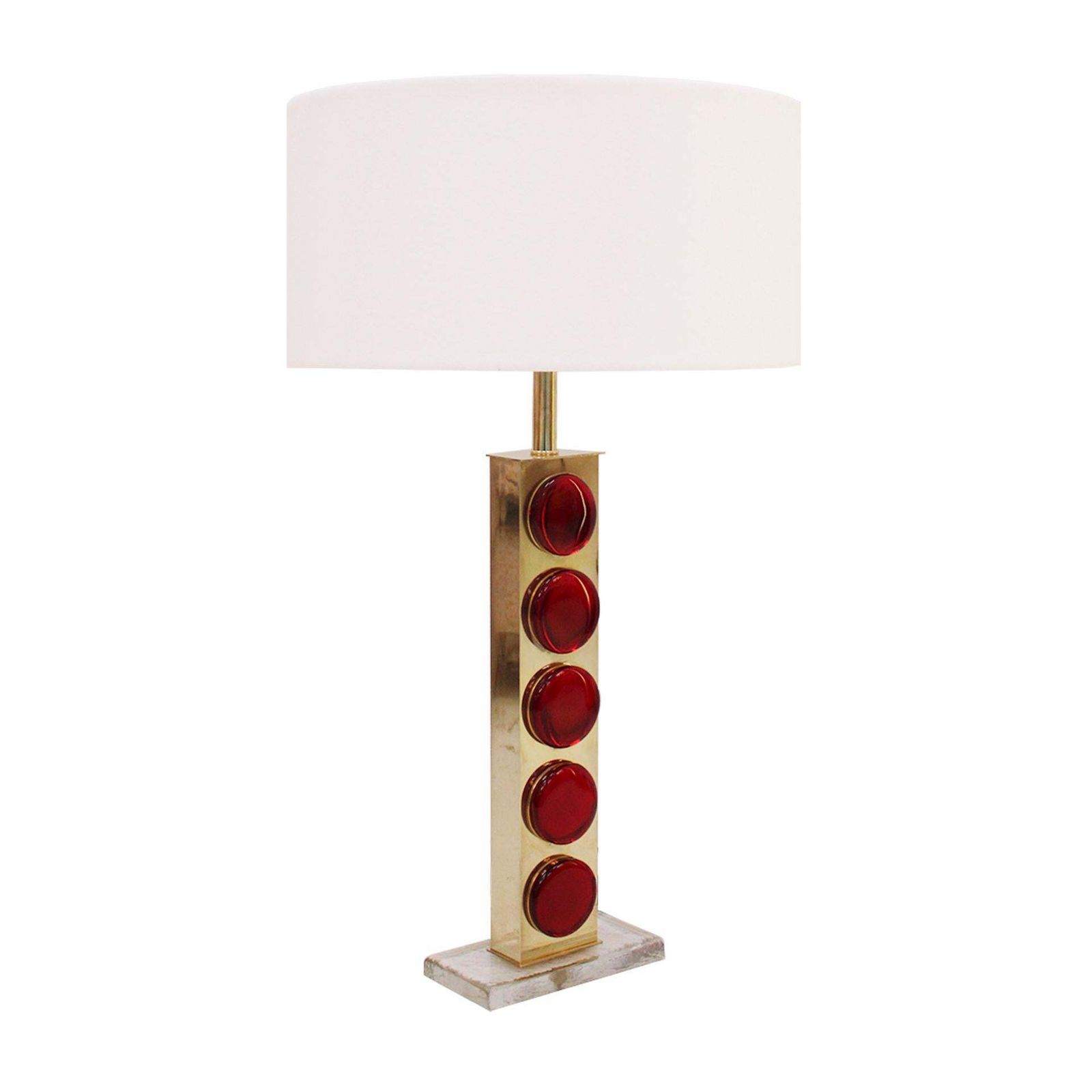 Pair Of Italian Table Lamps With Brass Structure And Red Murano Circular Glasses photo furniture