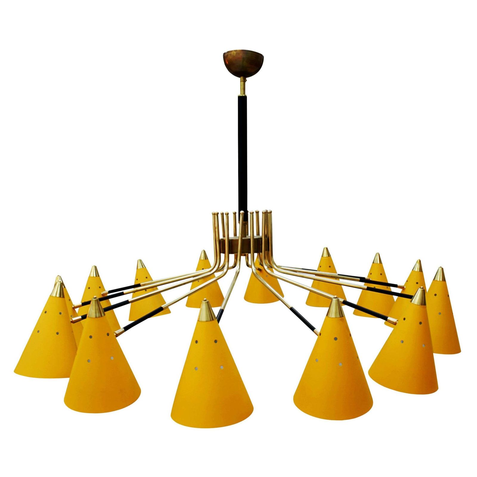 Mid Century Modern Italian Yellow Lacquered Metal And Brass Pendant Lamp