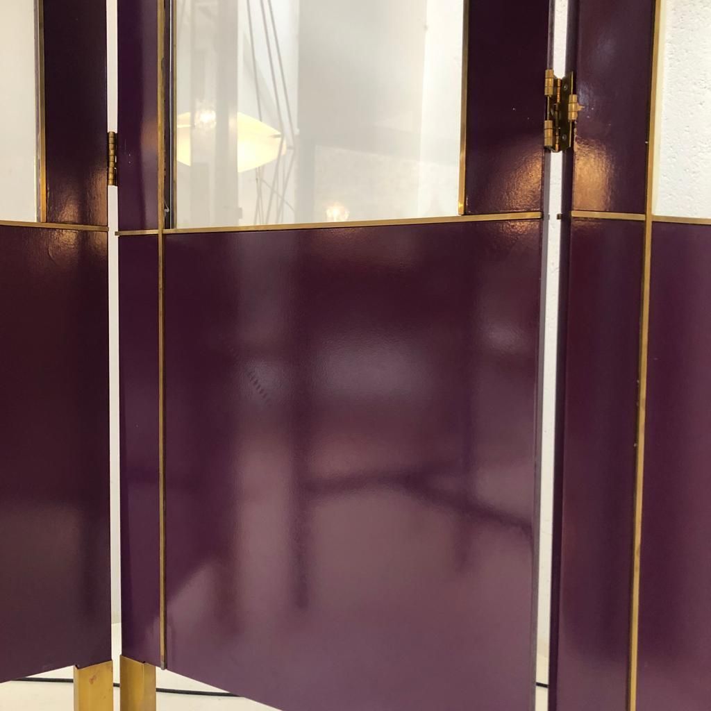 Mid Century Modern Purple Wood Gold Brass Italian Screen Divider photo vintage