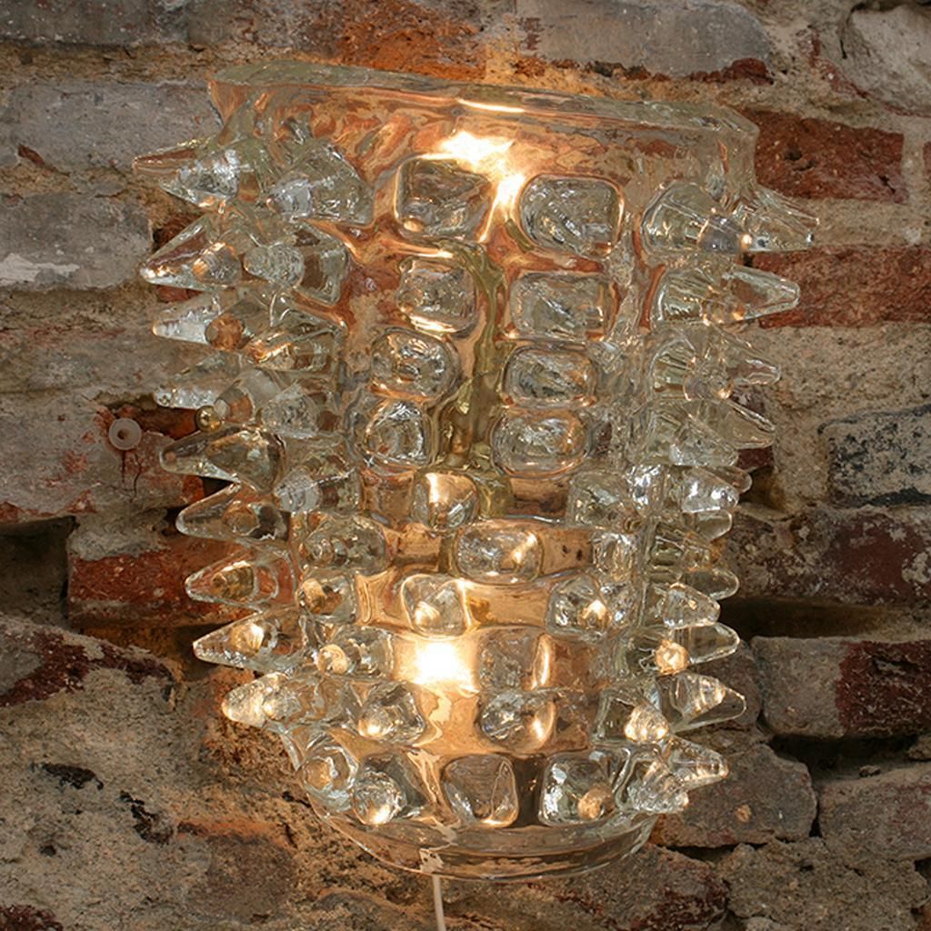 photo for sale Mid Century Modern Pair Of Rostrati Murano Glass And Brass Italian Sconces