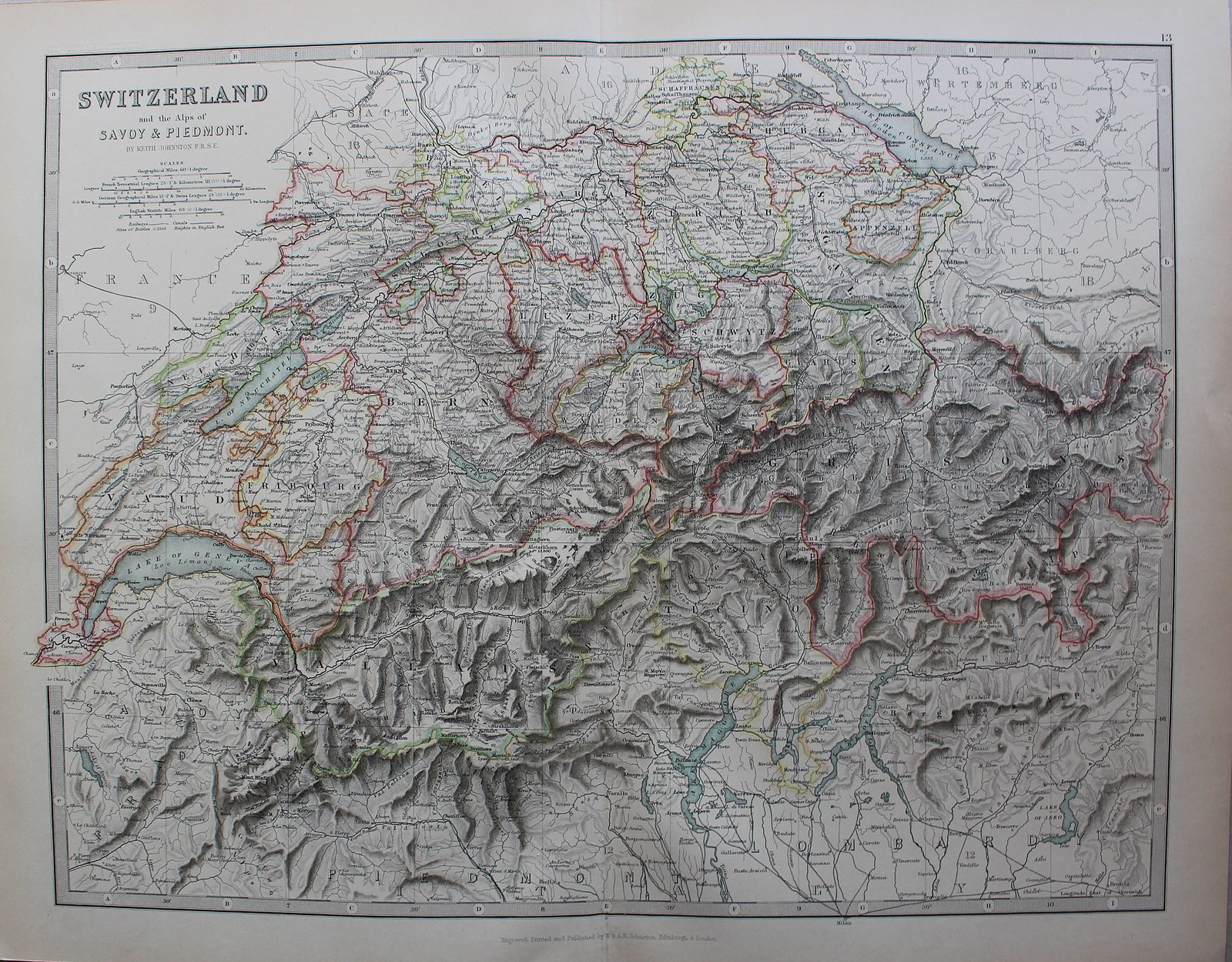 A Fine 19th Century Map 'Switzerland And The Alps Of Savoy & Piedmont' By Keith Johnston F.R.S.E