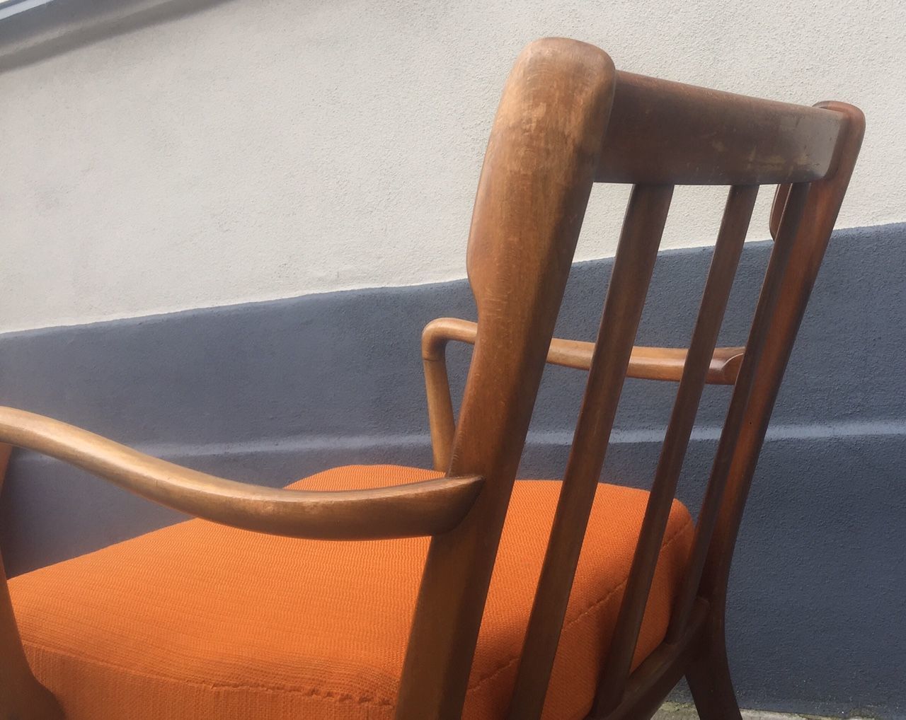 photo for sale Mid Century Danish Stained Oak Orange Easy Chair By Ole Wanscher For France & Daverkosen, 1950s