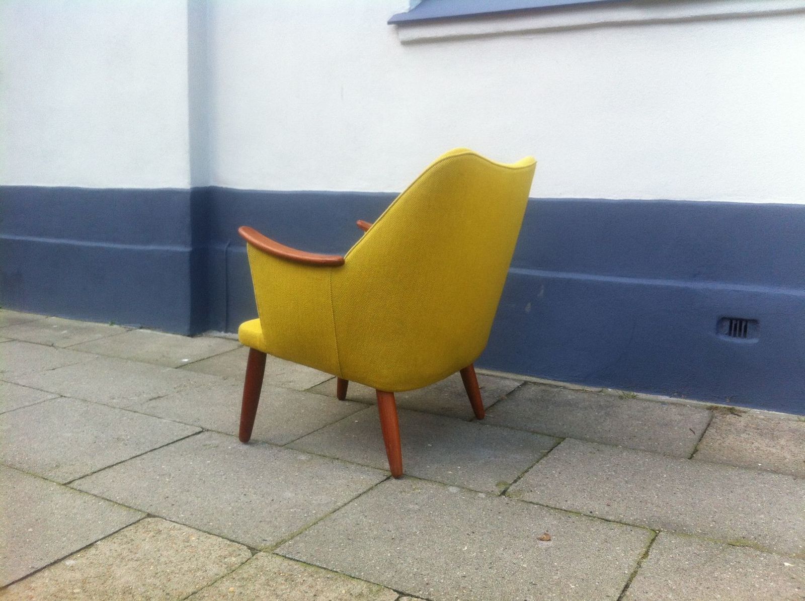 Danish Mid Century Modern Easy Chair In Yellow Wool With Teak Accents, 1950s photo for sale