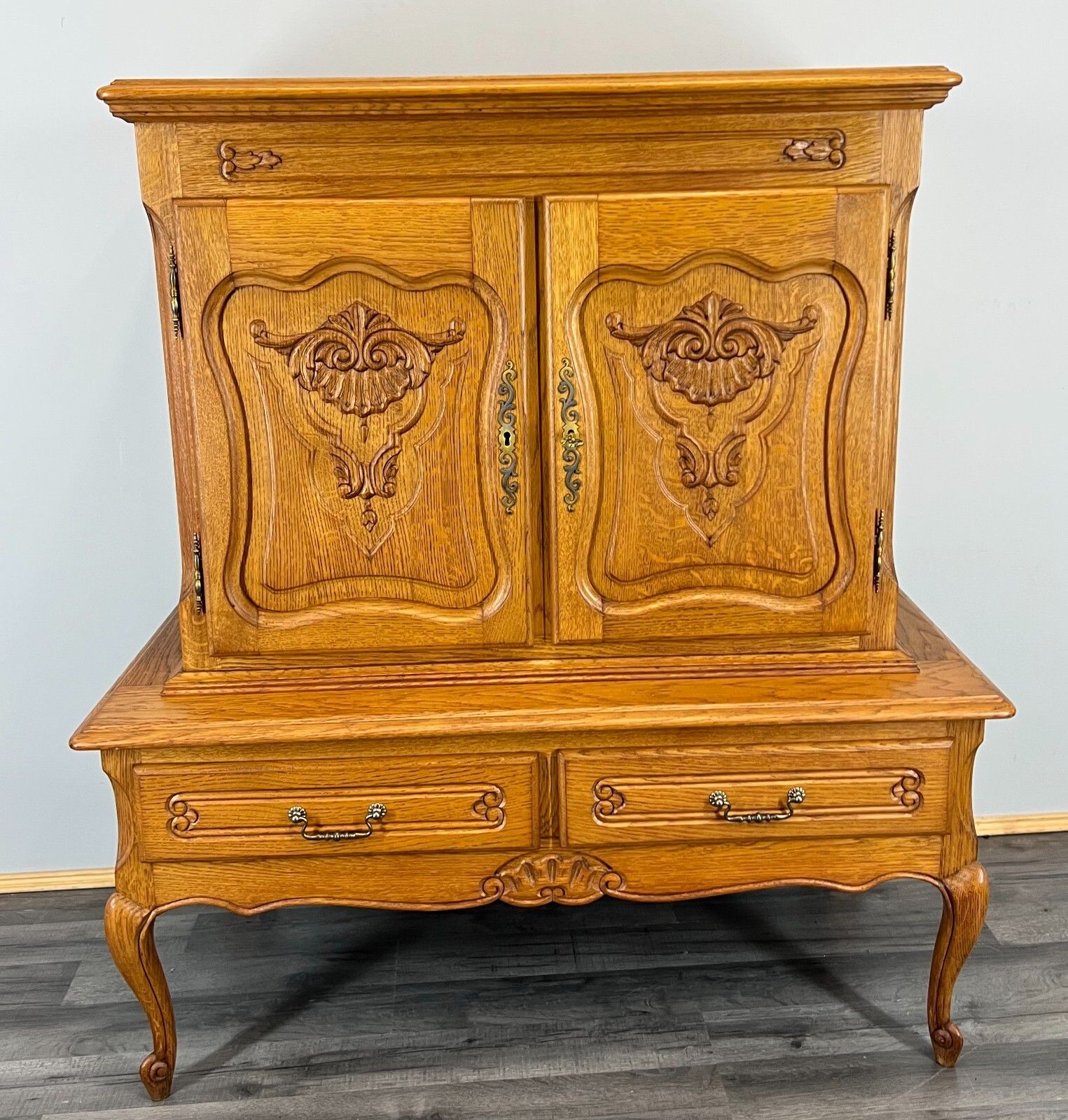 French Style Oak Cabinet Cupboard Storage Drawers Carved Armoire Lot 3753 photo furniture