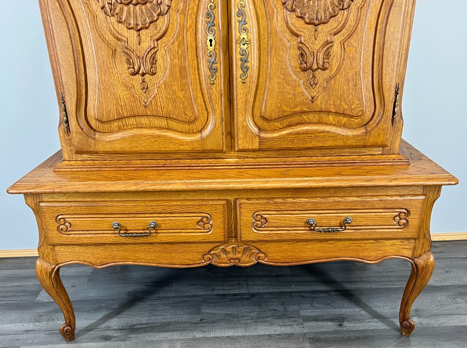 French Style Oak Cabinet Cupboard Storage Drawers Carved Armoire Lot 3753 photo vinterior