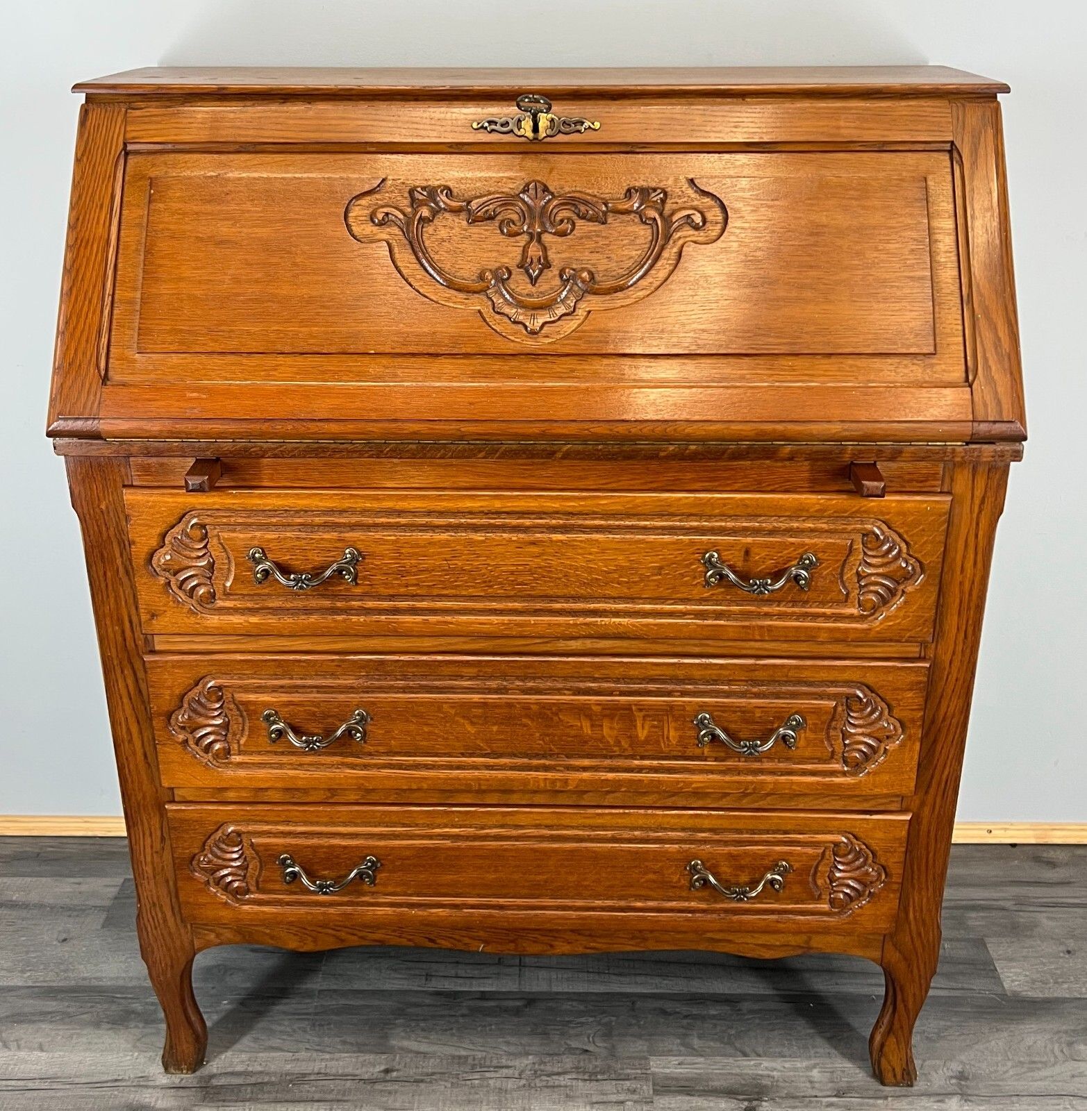 Vintage French Oak Secretary Desk – Bureau – Carved Writing Desk – Lot 3755 photo furniture