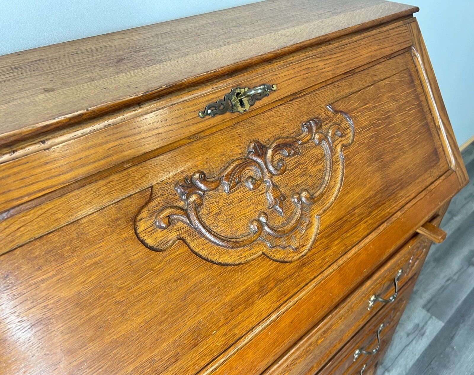 photo for sale Vintage French Oak Secretary Desk – Bureau – Carved Writing Desk – Lot 3755