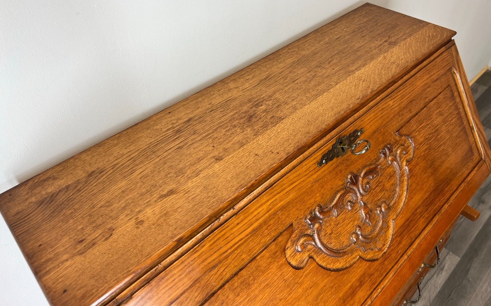 299.0 Vintage French Oak Secretary Desk – Bureau – Carved Writing Desk – Lot 3755 photo