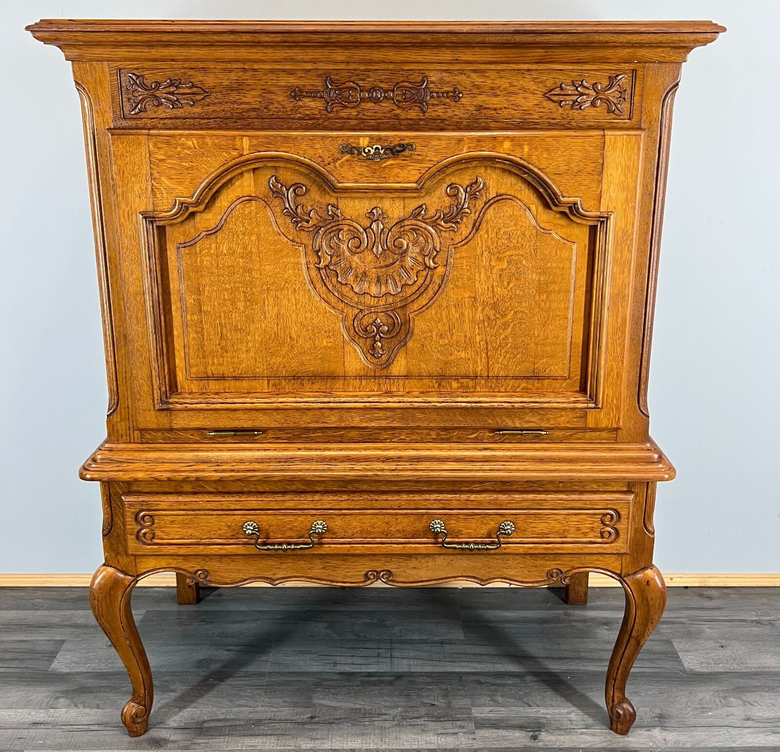French Style Oak Cabinet Cupboard Storage Drawers Carved Armoire Lot 3757 photo furniture