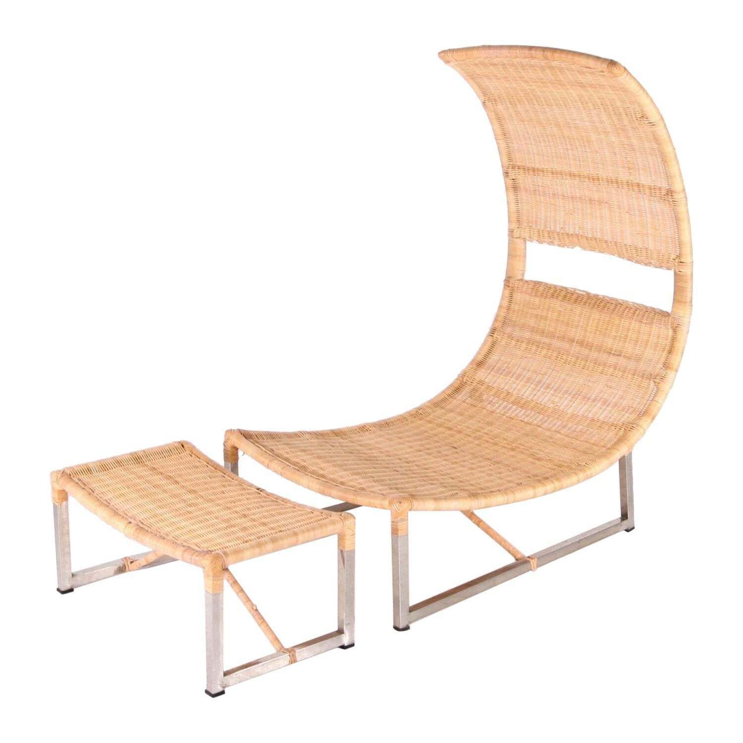 Large Rattan And Metal Chair And Ottoman